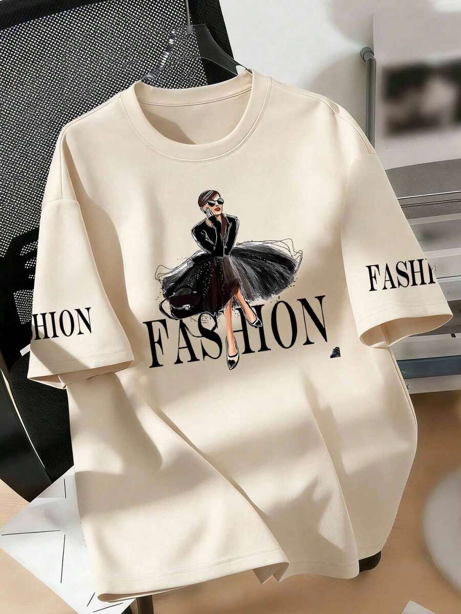 Camiseta de manga corta de cuello redondo holgada y casual con estampado de figura femenina blanca de verano para mujer de talla grande - Albaricoque - Ver 1