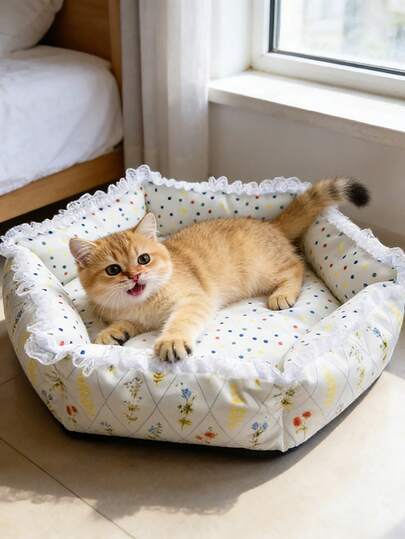 1pc Cute Floral & Polka Dot Pet Bed With Lace Trim, Soft Hexagonal Cat Bed Suitable For Small Dogs And Cats, Comfortable Nest Pad