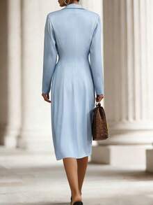 Women's Long Blazer Jacket And Solid Color Elegant Dress 2 Pieces Set, Front Button Closure, Office Wear - Blue - View 4