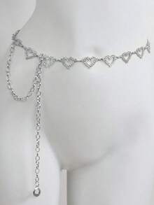 1pc Fashionable Simple Heart Shaped Rhinestone Decorated Alloy Waist Chain For Women Dress - 銀色 - 查看 3