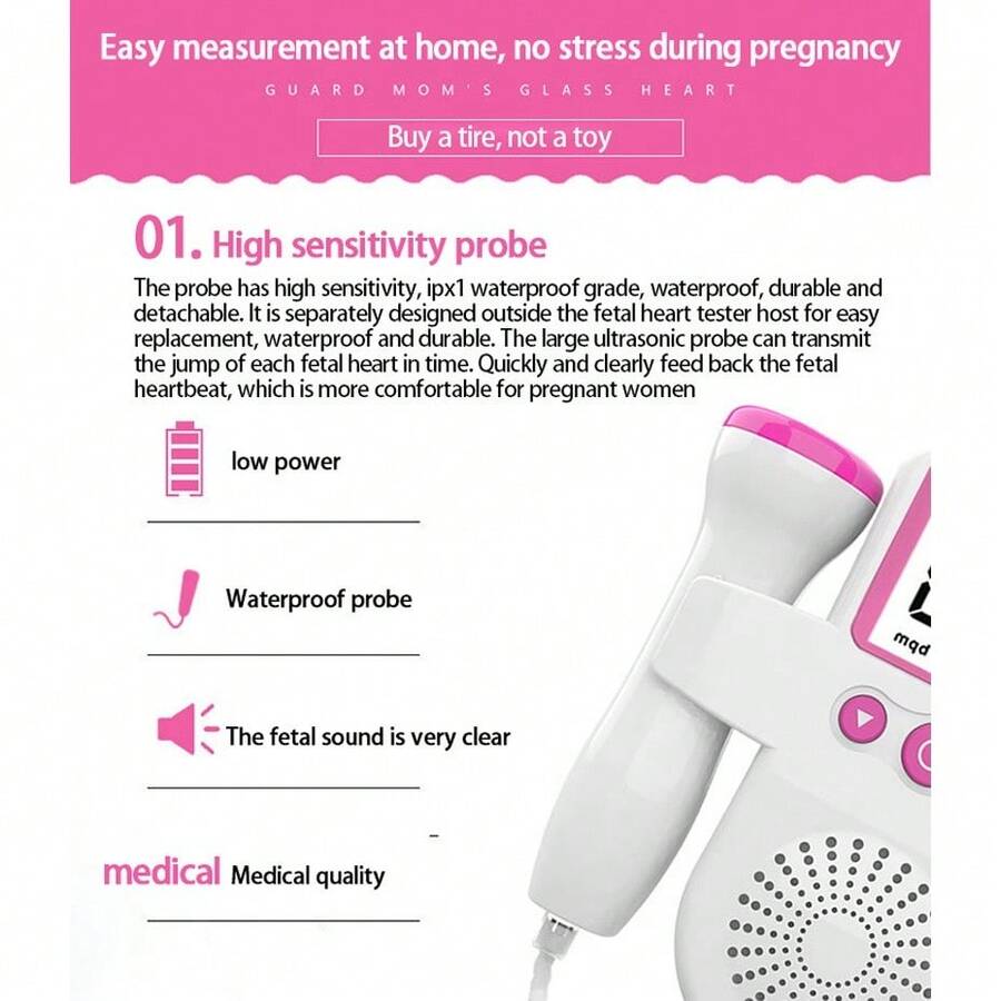 Baby Heart Detection Monitor For Pregnancy With Gel, High Sensitivity Large Display, Home Use, Thoughtful Gift For New Parents - Pink - View 1