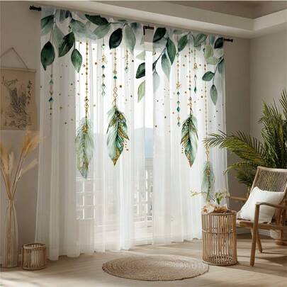 2 chiếc rèm cửa voan mỏng sang trọng màu xanh lá cây điểm xuyết lông vũ vàng, kiểu dáng cổ tích, trong suốt, thiết kế nghệ thuật hiện đại, phù hợp cho nhà bếp, phòng khách, phòng ngủ, ban công - Thích hợp cho Halloween, Giáng sinh và các ngày lễ khác - Có thể giặt máy, phù hợp trang trí nhà cửa quanh năm, chất liệu nhẹ và bền, tạo không khí lễ hội, là vật dụng thiết yếu cho thiết kế nội thất.