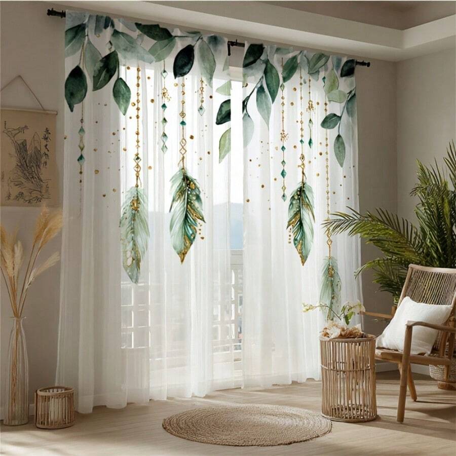 2 pièces Rideaux transparents et vaporeux élégants et luxueux style féerique avec plumes vertes et décoration dorée, design d'art moderne convenant pour la cuisine, le salon, la chambre, le balcon, parfait pour Halloween, Noël et autres décorations de fêtes, lavable en machine toutes saisons, décoration de maison, tissu léger et durable, rideaux créant une atmosphère de fête, essentiel pour la décoration intérieure, rideaux décoratifs transparents 2D - Multicolore - Voir 1