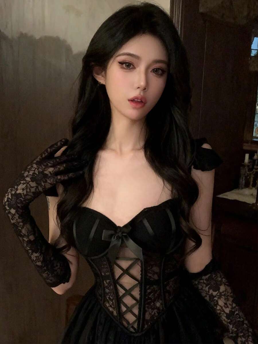 黑色蕾丝性感长款薄款新娘手套，白色袖套，性感洛丽塔风格摄影道具配饰，夏季，海滩，婚礼 - 黑色 - 查看 1