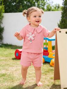 Baby Girls' Summer Waffle Knit Set, Including: Short Sleeve Top With Ruffled Collar, Floral Decor & Buttons; Matching Shorts; Soft & Breathable Waffle Fabric; Elevated With Intricate 3D Decorations; Suitable For Casual Outings And Light Social Occasions In Summer; Comfortable And Easy To Wear & Style - Pink - View 1