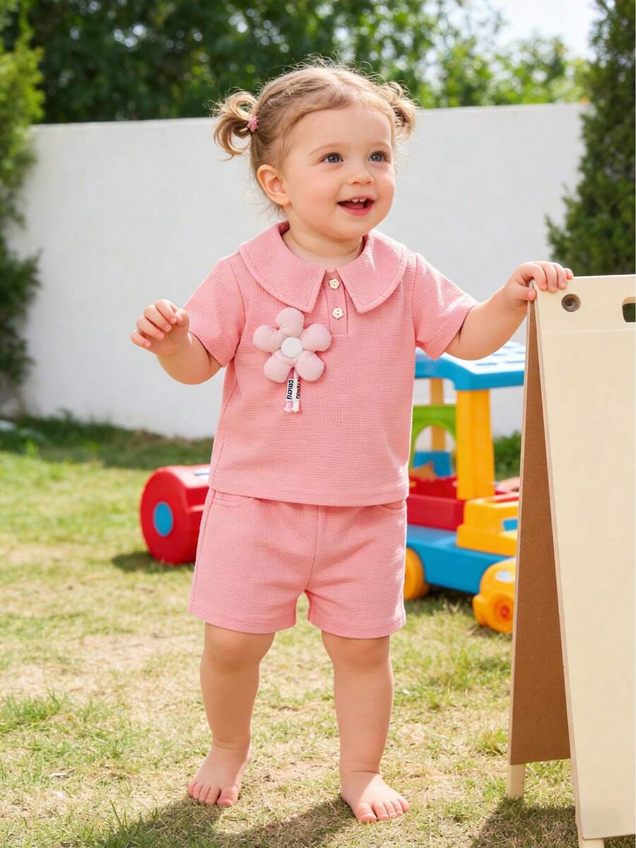 Baby Girls' Summer Waffle Knit Set, Including: Short Sleeve Top With Ruffled Collar, Floral Decor & Buttons; Matching Shorts; Soft & Breathable Waffle Fabric; Elevated With Intricate 3D Decorations; Suitable For Casual Outings And Light Social Occasions In Summer; Comfortable And Easy To Wear & Style - Pink - View 1