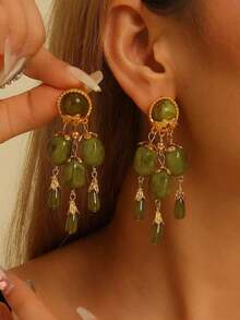 1 Pair Retro Olive Green Palace Style Long Tassel Earrings, Unique Personalized Design, Suitable For Parties And Everyday Wear - 流蘇耳環 - 查看 12