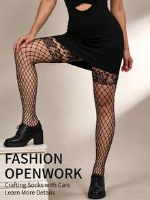 女士黑色高腰蕾丝拼接渔网连裤袜，性感透气，适合派对和夜店穿着 - 黑色 - 查看 2