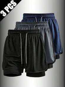 3PCS Solid Color Sports Shorts For Spring/Summer, Non-SlipDouble Layer Unisex Running/Outdoor Fitness Shorts,Lightweight Loose Casual Pants - Multicolor - View 1
