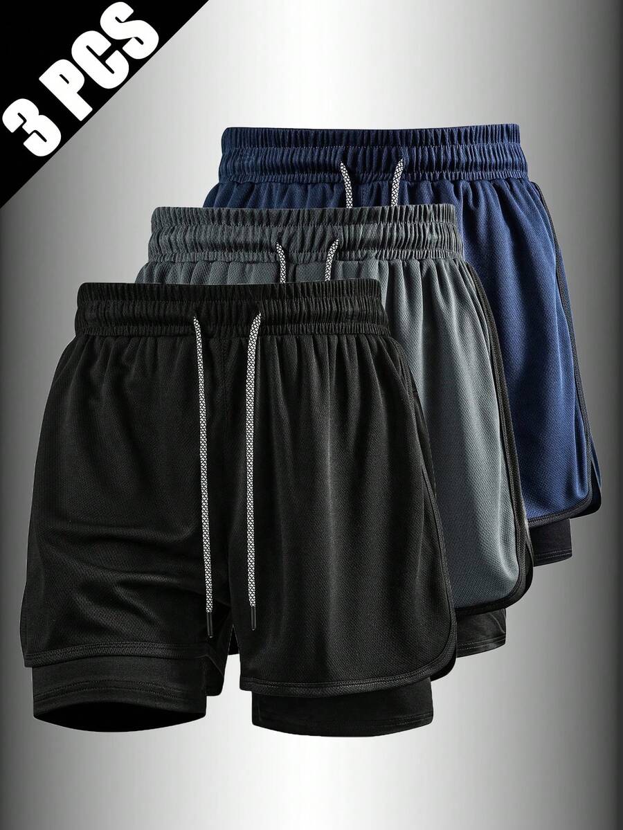 3PCS Solid Color Sports Shorts For Spring/Summer, Non-SlipDouble Layer Unisex Running/Outdoor Fitness Shorts,Lightweight Loose Casual Pants - Multicolor - View 1