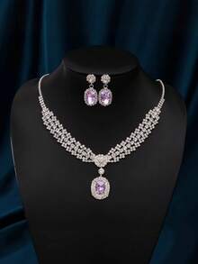 Bộ trang sức 2 món đính đá thạch anh tím mộng mơ, thiết kế đính đá màu bạc thanh lịch, phù hợp cho đám cưới/tiệc tùng. Bộ dây chuyền và bông tai đa năng. - Nhiều màu - Xem 9