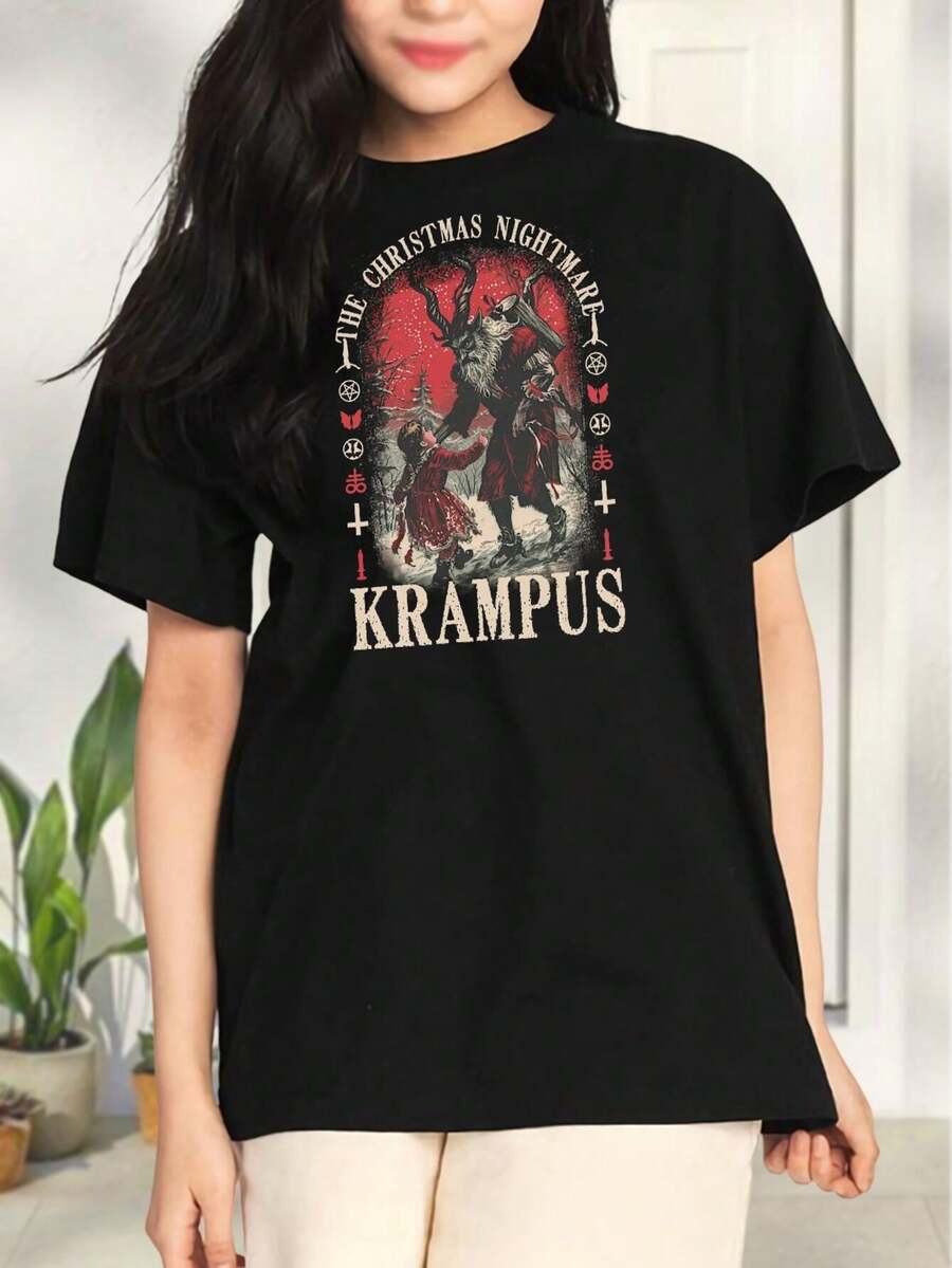Women Krampus Christmas Nightmare T-Shirt Graphic Tee Devil Horror Demon Claus Dark Fantasy Holiday Gothic Funny Shirt Halloween - 黑色 - 查看 1