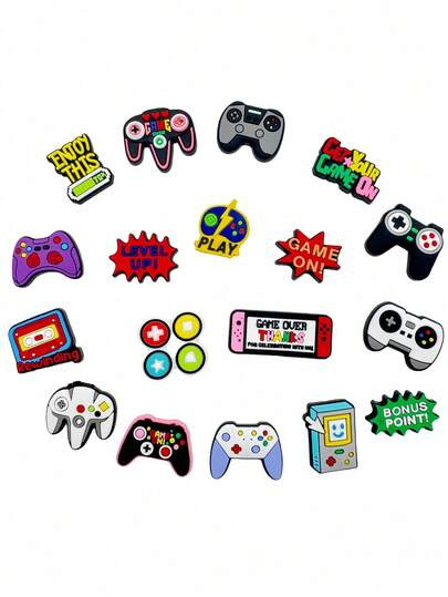 18pcs Game Console Series Shoe Charms, Shoe Decorations. Suitable For Shoe Charm Sets, Wristbands, Sandals, Bubble Slides. PVC Shoe Charms For DIY Accessories, Perfect As Cartoon Children's Accessories For Slippers, Bag Decorations And More.