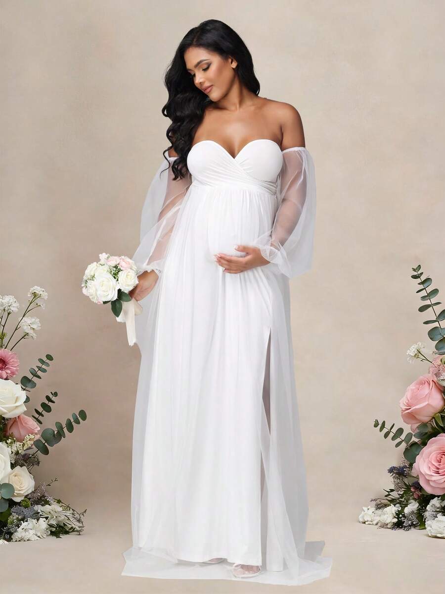 JustVH 孕妇雪纺灯笼袖白色连衣裙，侧开衩，性感长裙，适合迎婴派对、拍照等场合 - 白色 - 查看 1