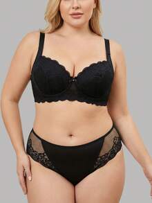yalisi 2pcs/Set Plus Size Women Lace Padded Bra And Panty Set, Slimming, Comfortable, Suitable For Daily, Home, Leisure And Outdoor Sports - Black - View 8
