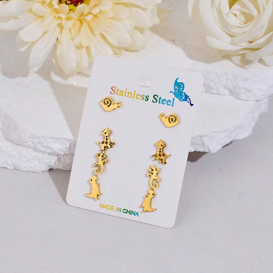 Bộ 1 đôi bông tai bằng thép không gỉ thời trang hình ốc sên, hươu cao cổ, thằn lằn, khủng long, với họa tiết động vật nhỏ. Phù hợp cho cả nam và nữ. Món quà trang sức lý tưởng cho sinh nhật. - 2ZH001 - Xem 1