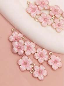 10 piezas/paquete Colgante pequeño con forma de flor de aleación de zinc con esmalte rosa, adecuado para hacer pendientes, collares y pulseras DIY - Rosa - Ver 4