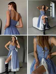 Đầm nữ kiểu bohemian thường ngày kẻ caro xanh dương, không tay, viền bèo nhún, xẻ tà phía trước, đầm hè không tay thanh lịch dài ngang gối. - Màu xanh lam - Xem 4