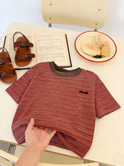 Toddler Striped Short Sleeve Cotton T-Shirt, Breathable Soft Tee For Summer