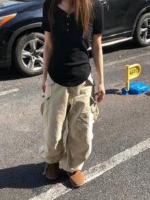 Áo thun tay ngắn ôm eo, cổ chữ V, cài nút, đa năng, thanh lịch, màu đen, thích hợp cho mùa hè. - màu đen - Xem 9