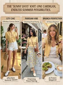 HoloChill Women's Casual Ribbed Knit Open Front Short Sleeve Round Neck Cardigan, Suitable For Spring, Vintage Style, Regular Length, Summer Casual 2026 New Arrival Versatile Thin Hollow Out Top, Summer Top, Women's Spring Clothing, Women's Holiday Party Top, Women's Beach Wear, Women's Outing Top, Women's Elegant Top, Summer Vacation Outfit - Yellow - View 9