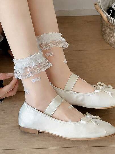 1/3 pares de calcetines de malla con ribete de encaje, ligeros y transpirables, con estampado floral enmarcado, estilo ballet de media pantorrilla, versátiles para uso Lolita dulce y uniforme JK