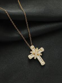 1pc European & American Hip-Hop Style Micro-Inlaid Zirconia Cross Pendant Necklace, Suitable For Women's Hip-Hop Parties, Daily Commute Wear - Gold - View 6