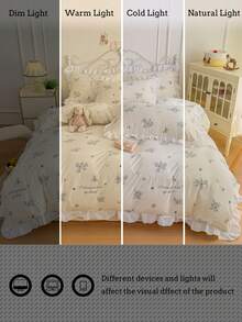 Juego de ropa de cama con volantes y estampado floral de color crema (1 funda nórdica + 2 fundas de almohada, sin incluir el edredón y los rellenos de almohada), cómodo, suave y transpirable, versátil y lavable a máquina para todas las estaciones - Blanco - Ver 11