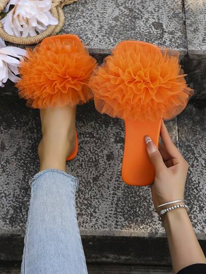 大码女式夏季新款3D蕾丝装饰平底凉鞋，舒适简约沙滩度假休闲拖鞋，多功能防滑轻便软底露趾拖鞋