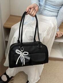 时尚蝴蝶结腋下包，韩版新款休闲枕形包，刺绣简约单肩包带吊坠 - 黑色 - 查看 2