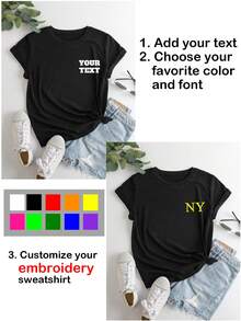 Customized Women's T-Shirt - Customized Embroidered T-Shirt, Add Text, Select Font And Color Sports Black Summer - Black - View 2
