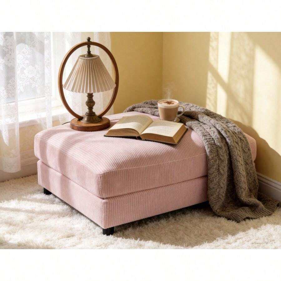 Corduroy Upholstered Rectangle Ottoman - Pink1 - View 1