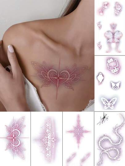 6 Sheets Y2k Temporary Tattoos Pink Sexy Tattoos Stickers Butterfly Flower Tattoo Chest Body Art For Festival Music Summer Concerts Holiday Party Date Accessories