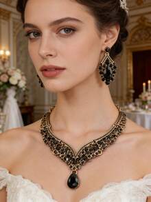 2件套黑金V形水滴形首饰套装，奢华复古设计，适合宴会/晚宴佩戴，项链和耳环套装 - 黑色 - 查看 3