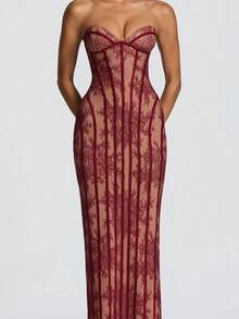 Lace Strapless Tight-Fitting Long Dress With Exquisite Vertical Lace Pattern, Bodycon Evening Party Dress For Women - Burgundy - View 1