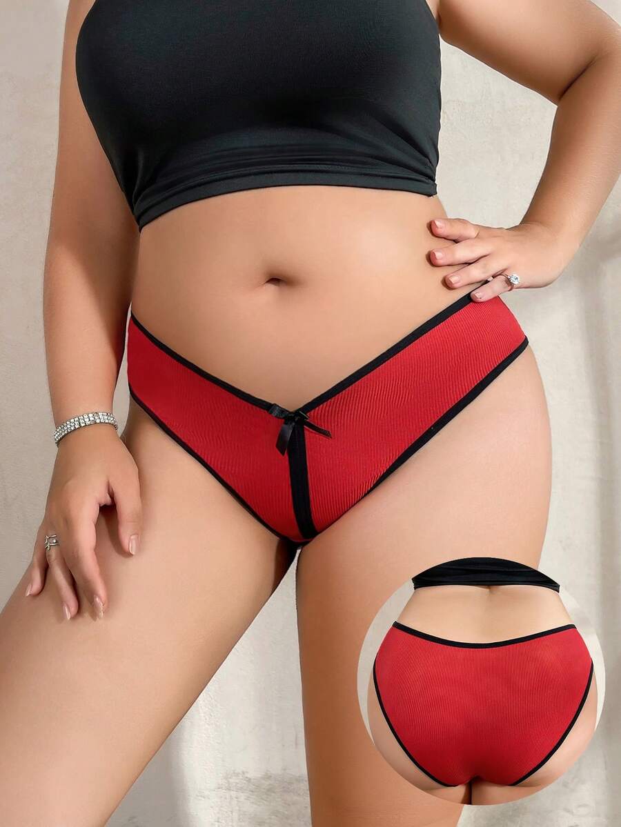 Bragas elegantes con lazo rojo, ribete negro, suaves y cómodas, tallas grandes para mujeres - Rojo - Ver 1