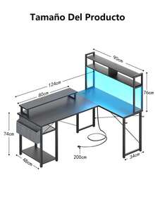 L Shaped Gaming Desk, Reversible 45.3" Small Corner Desk with Power Outlet and LED Lights, Corner Gaming Desk with Storage Shelves, Hooks and Hooks for Small Space, Black - Negro - Ver 13