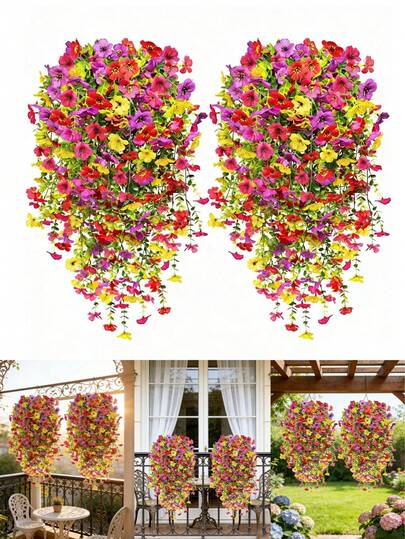 1 chậu hoa giả treo trang trí ngoài trời mùa xuân/hè, cây bạch đàn tím treo tường, dây leo dài, cây giả chống tia UV, giống như lụa, chịu được thời tiết, thích hợp trang trí sân hiên, hiên nhà, cửa sổ, vườn, trong nhà.