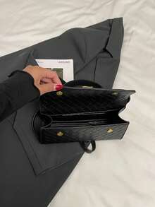 Faux Leather Solid Color Flap Plaid Handbag & Shoulder Bag For Women - Black - View 7