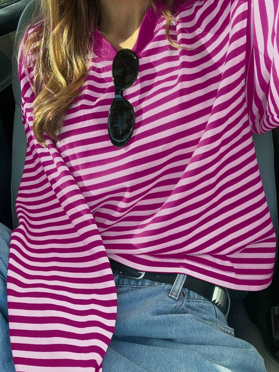 Women's Casual Top, Striped Color Block Ribbed Fabric, Suitable For Spring And Autumn