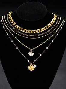 5件套欧美夏季新款海星贝壳仿珍珠多层项链套装，适合女性海滩、派对、约会、日常佩戴 - 金黃色 - 查看 2