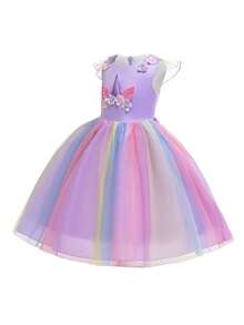 Elegant Floral Tulle & Satin Girls Birthday Party Dress, Suitable For School Dance, Party, Flower Placement & Color Varies, Headband Not Included - Purple - View 4