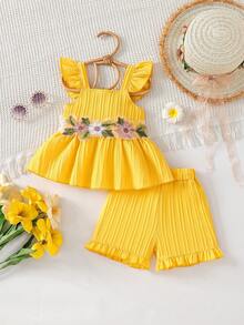 Set de 2 piezas para niñas bebé: Top con bordado floral y onda + Shorts con volantes, cómodo y refrescante estilo coreano dulce, adecuado para uso diario/casual de vacaciones - Amarillo - Ver 13