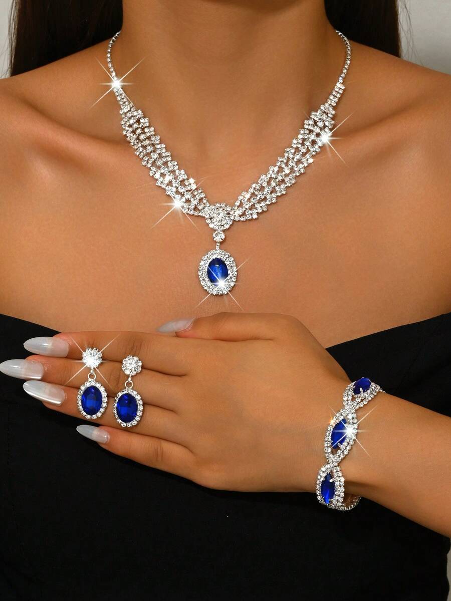 1对优雅吊坠耳环，1条迷人项链，1条镶嵌水钻的黑色水滴吊坠手链 - 铜质首饰套装，适合婚礼和特殊场合佩戴 - 藍色 - 查看 1