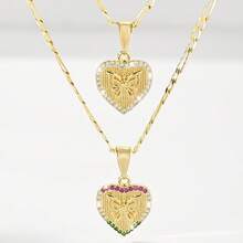 Set de 2 collares con colgante de corazón y mariposa chapado en oro de 14K de pareja, incrustado con circonita de colores, con significado romántico, adecuado para el Día de San Valentín, aniversario, regalo de cumpleaños para parejas - Amarillo Oro - Ver 9