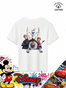 This Disney Frozen Themed T-Shirt For Boys Aged 4-12 Features A Classic Ice-Themed Print Of The Four Main Characters. The Front Displays Miniature Portraits Of The Four Characters, While The Back Features A Creative Design Of Olaf Surrounded By Antlers, With Anna And Kristoff On Either Side, Capturing Heartwarming Moments From Their Snow Adventure. The Refreshing Ice-Themed Color Scheme Paired With The Endearing Characters Creates A Cozy And Stylish Look. It Can Be Paired With Wide-Leg Jeans, Cargo Shorts, Athletic Joggers, Or Casual Sweatpants, Making It Suitable For Occasions Such As Disneyland Visits, School Activities, Outdoor Camping, Family Outings, And Birthday Parties. It Is Breathable And Sweat-Wicking, Offering Both Comfort And A Fashionable Look. - 白色 - 查看 4
