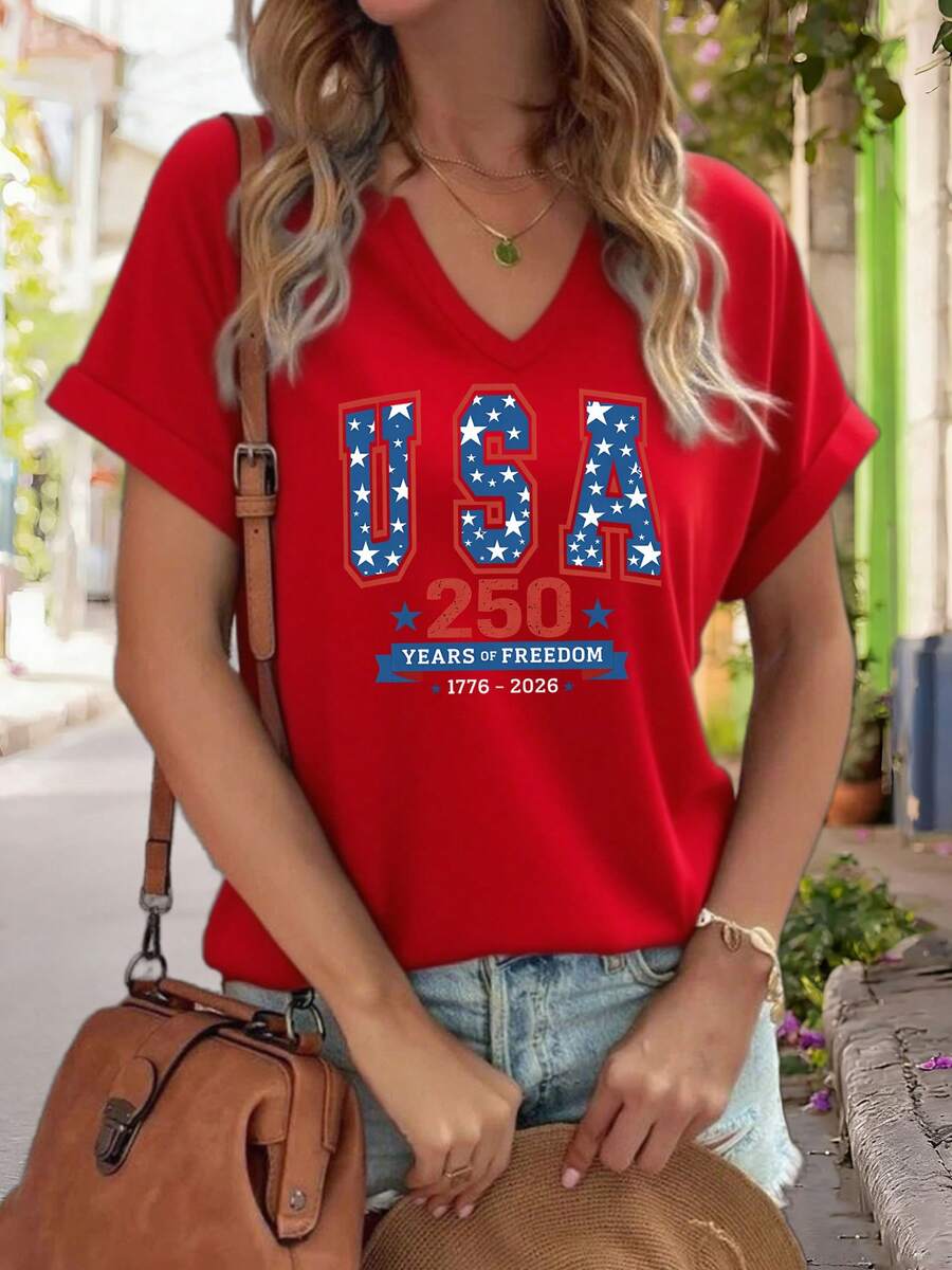 Minimalist Aesthetic V-Neck Women's Short-Sleeve T-Shirt, Printed With The Star Pattern "250 Years Of American Freedom 1776-," A Casual Pullover Made Of Soft And, Lightweight And Comfortable,, A Fashionable And Patriotic Style For Women's Daily Wear.   Size: S - 5XL,Everyday Wear - 紅色 - 查看 1