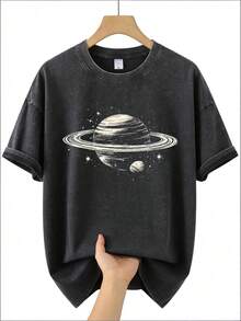 Men's Dark Gray Space Pattern T-Shirt-Saturn And Star Print-Soft And Low-Elastic T-Shirt-Essential For Everyday Wear-Machine Washable In All Seasons. - 黑色 - 查看 1