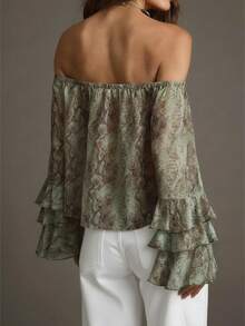 Blusa con estampado de piel de serpiente vintage, hombros descubiertos, mangas con volantes en capas, de tela de poliéster, bajo con volantes, adecuada para vacaciones de primavera y otoño - Verde claro - Ver 5