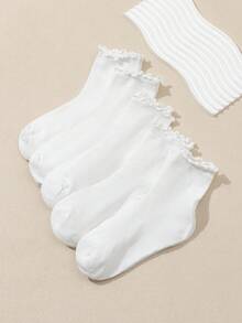 5 pares de calcetines de media caña con volantes de unicolor para mujer, primavera/verano - Blanco - Ver 2